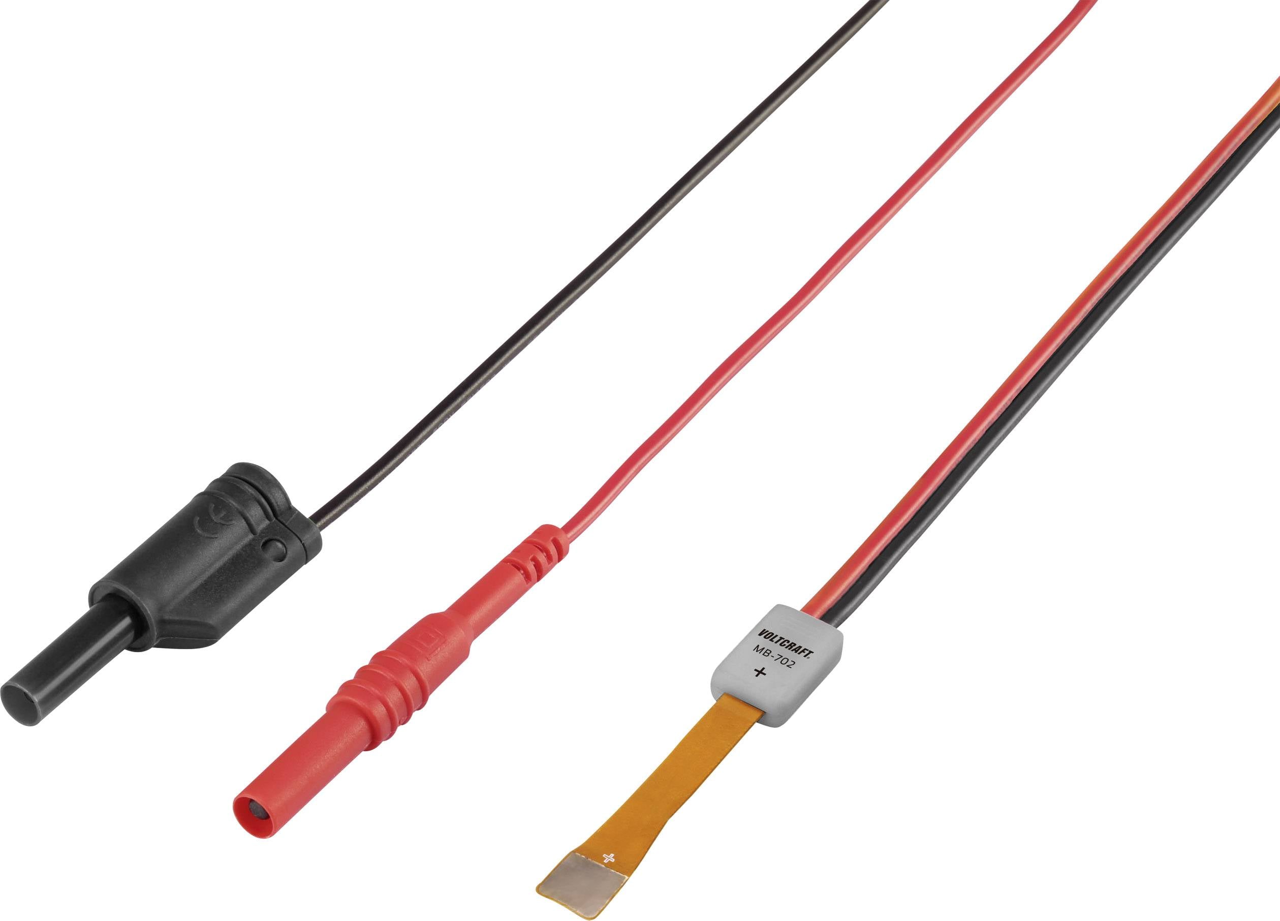Kabel met zwarte en rode stekkers, verbonden met een platte, oranje sensorstrip. Het wordt gebruikt voor meting of aansluiting.