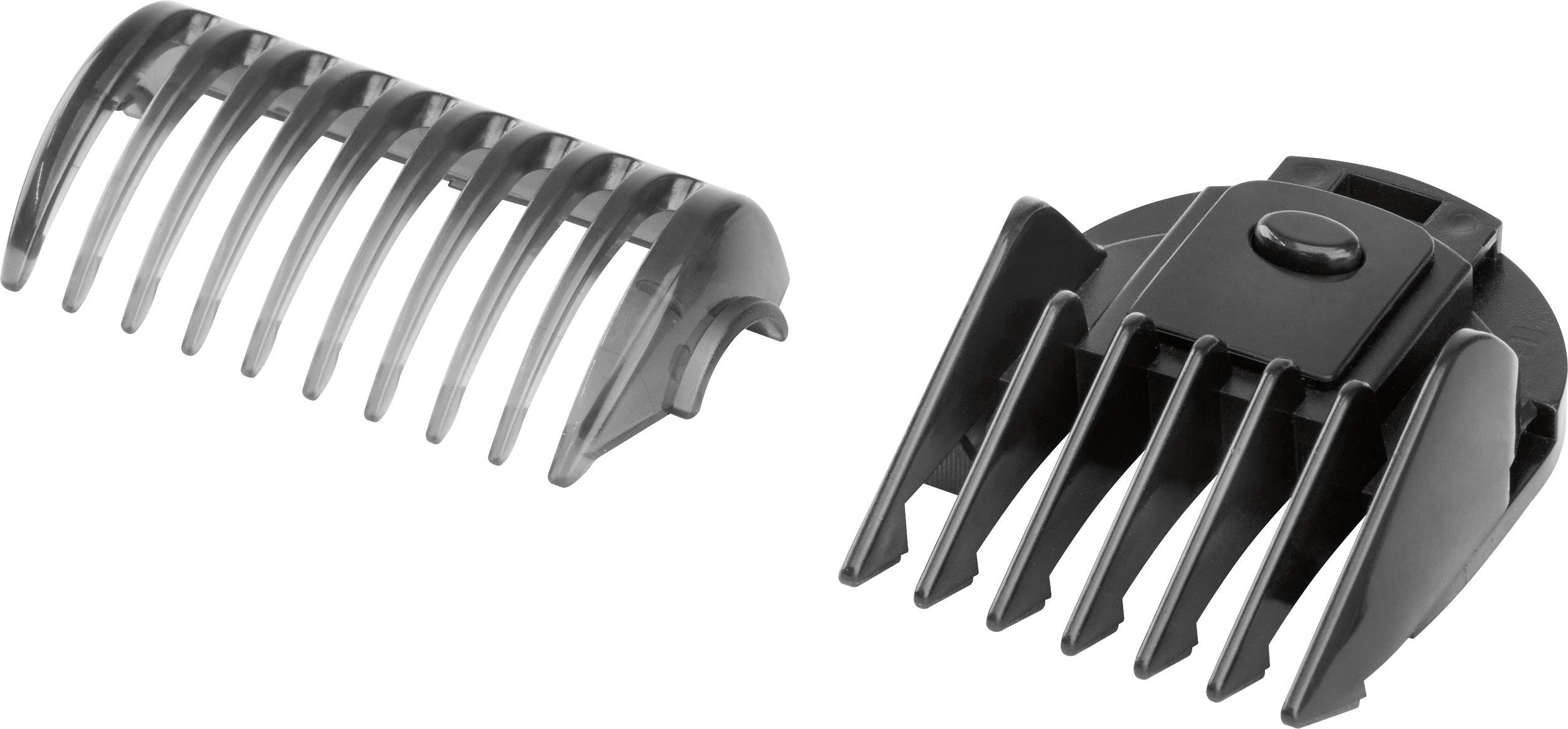 Twee zwarte steekborstels, een met brede tanden, de andere met smalle tanden, waarschijnlijk bedoeld voor een haarknipper of scheerapparaat.