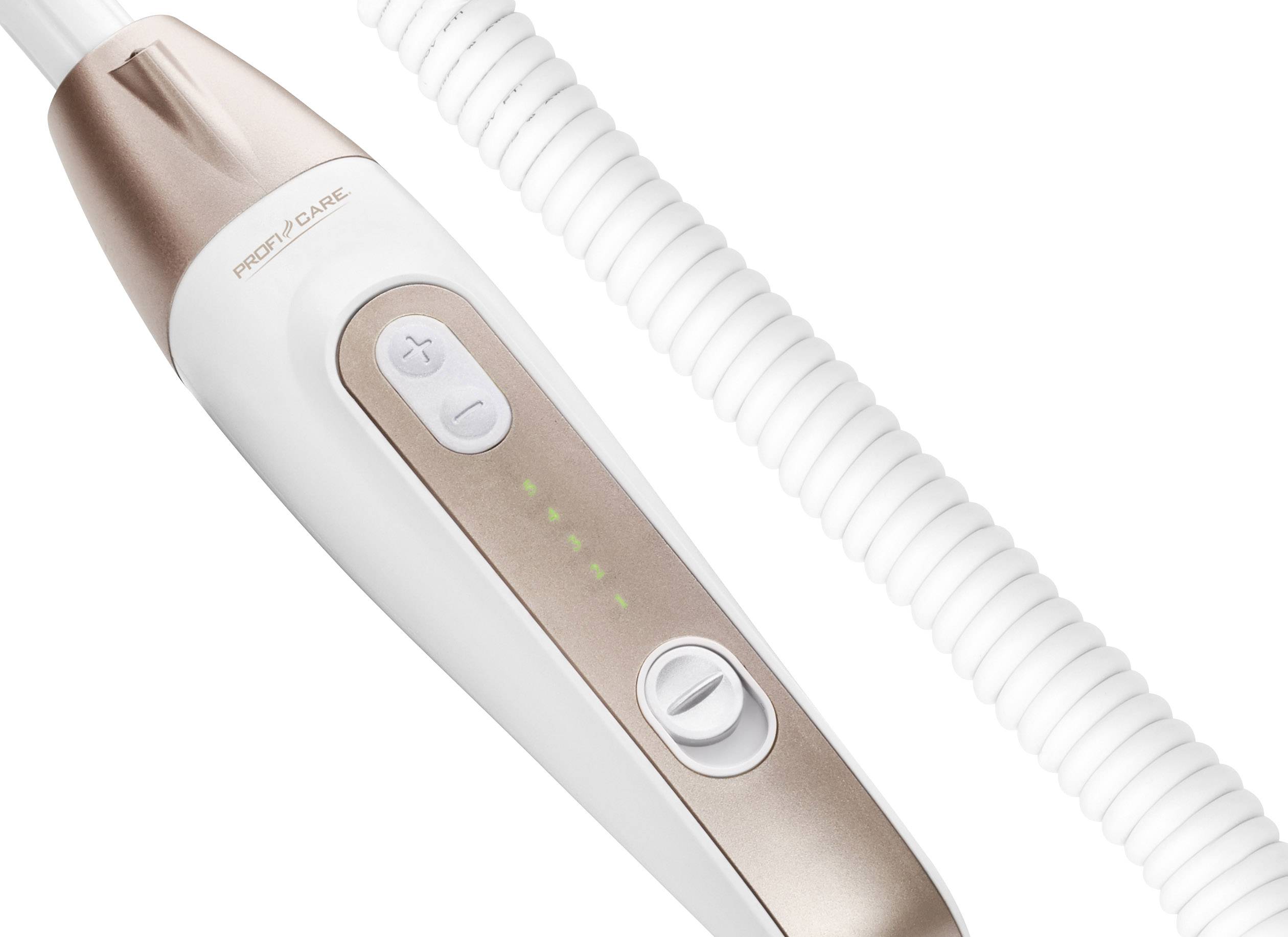 Een beige en witte haardroger met spiraalsneer en knoppen voor temperatuur- en snelheidsinstellingen.