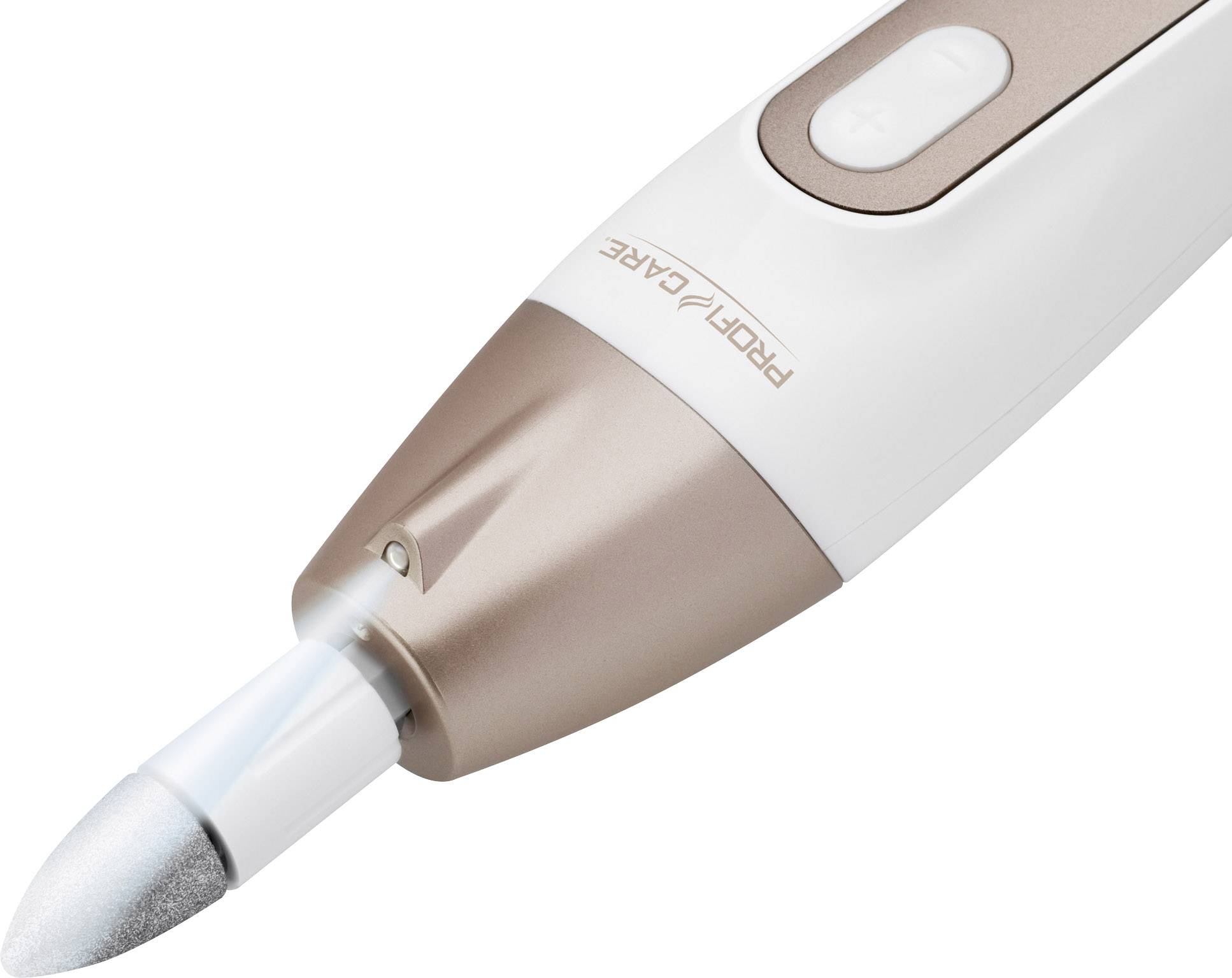 Nagelfrees met een roségouden behuizing en witte handgreep, waarschijnlijk bedoeld voor manicure of pedicure.