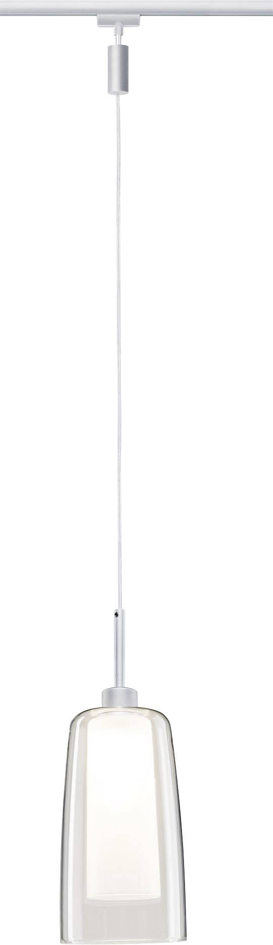 Moderne hangende hanglamp met glazen kap die een warm licht verspreidt. Strak, minimalistisch design in het wit.