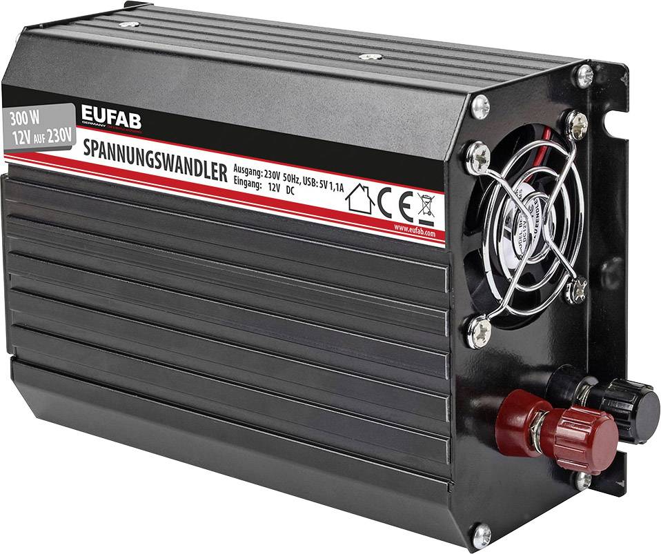 Een spanningsomvormer van Eufab met een ingang van 12V en een uitgang van 230V. Links een rode en zwarte aansluiting.