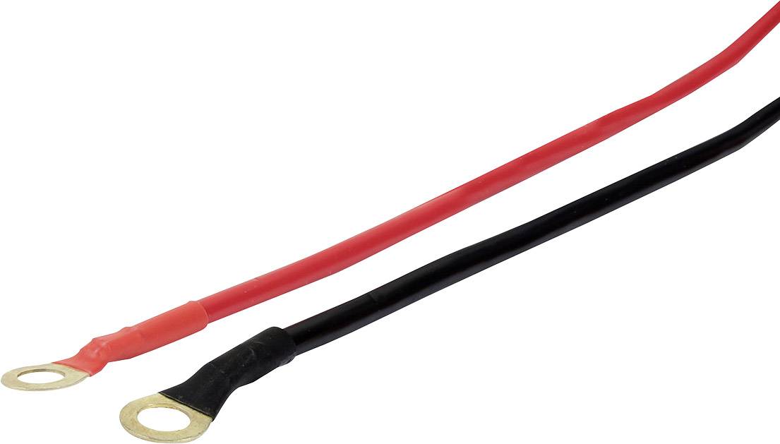 Twee geïsoleerde kabels, één rood en de andere zwart, met metalen ogen aan de uiteinden, waarschijnlijk gebruikt voor elektrische aansluitingen.