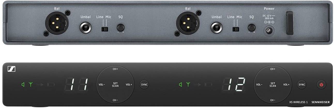 Achterkant van een draadloze audio-transceiver met XLR- en jackbussen voor microfoon- en line-ingangen, evenals bedieningselementen en LED-indicatoren.