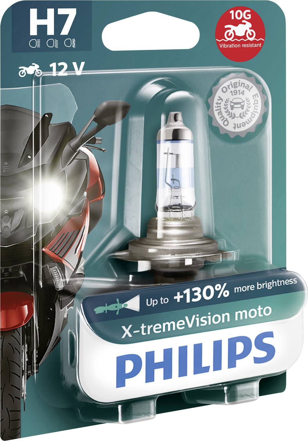 'Philips H7 12V X-tremeVision moto' gloeilamp in verpakking, benadrukt 130% meer helderheid en trillingsbestendigheid voor motorfietsen.