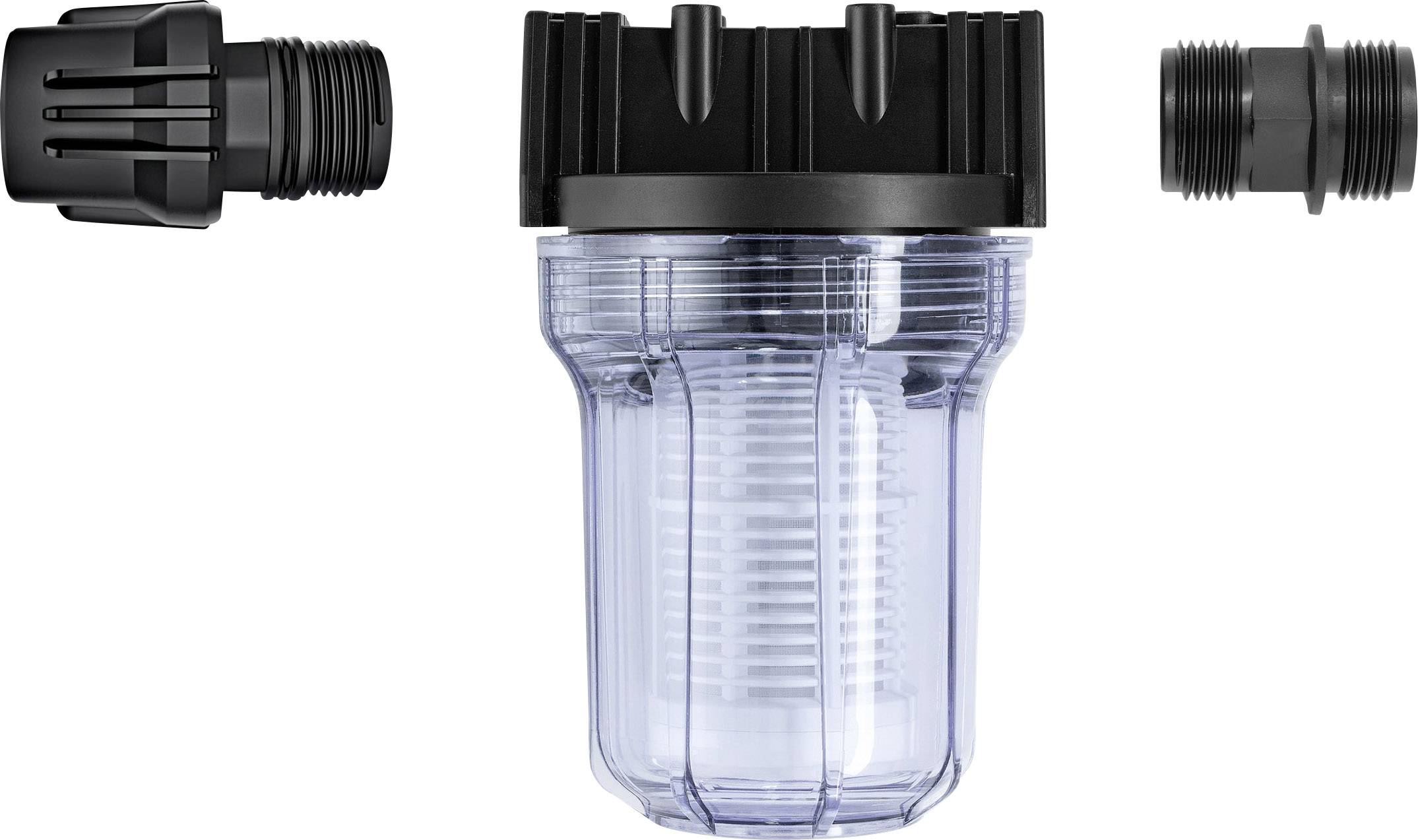 Een doorzichtige waterfiltercontainer in het midden, geflankeerd door twee zwarte aansluitstukken, links en rechts.
