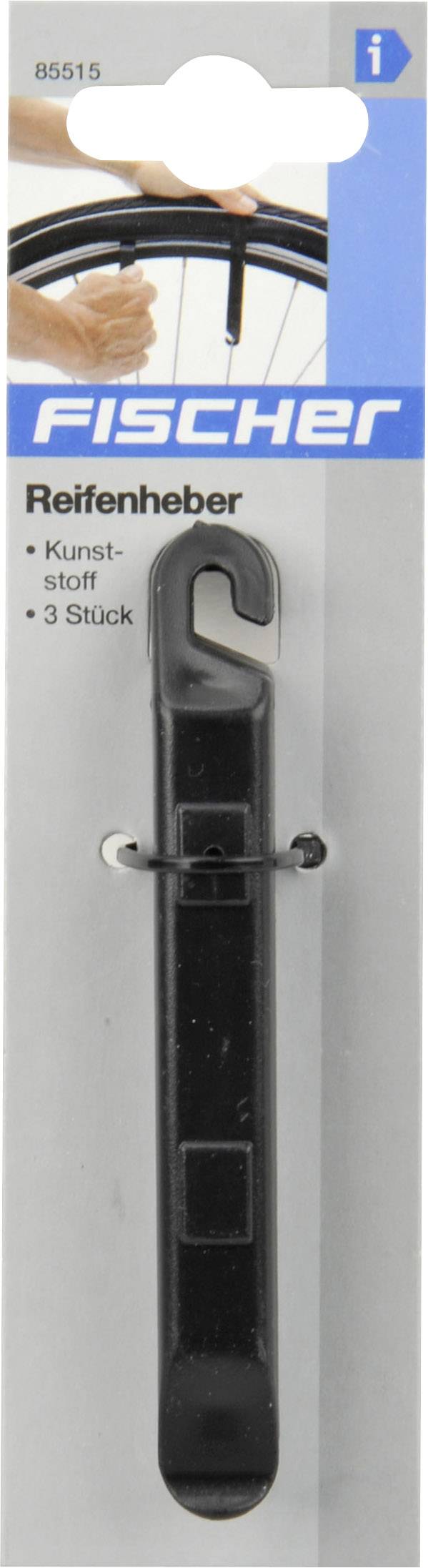 Bandenlichter van Fischer, kunststof, 3 stuks; op verpakking afgebeeld met een afbeelding van een fietsband op de achtergrond.