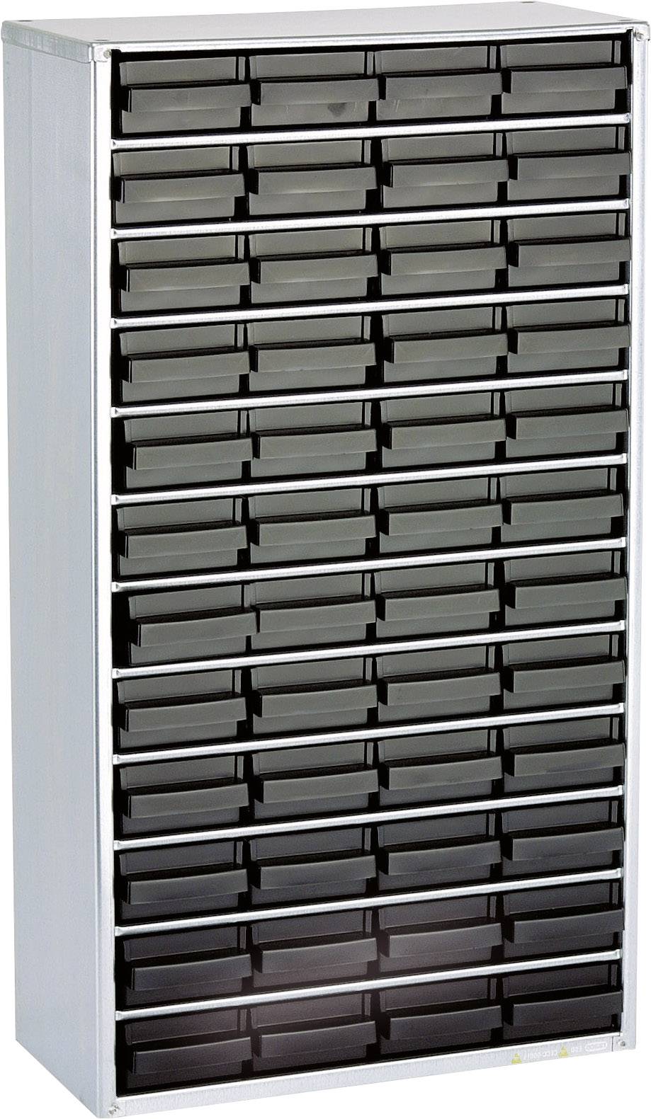 Een hoge opbergkast met 60 zwarte laden, geschikt voor georganiseerde opslag van kleine voorwerpen of gereedschappen.
