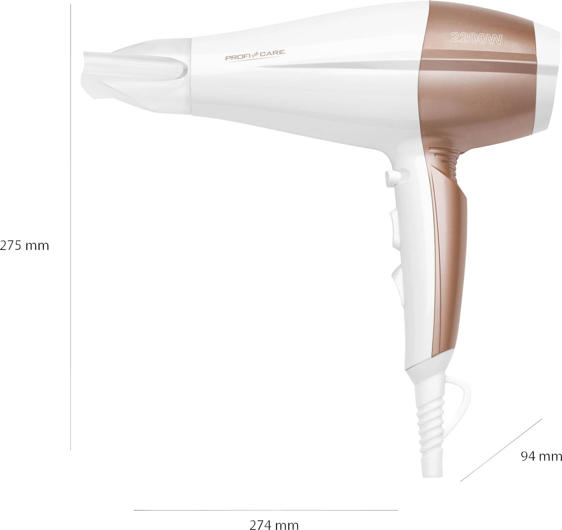 Haardroger in wit en brons met een vermogen van 2200 W; afmetingen: 275 mm hoog, 274 mm lang, 94 mm diep.