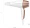 Haardroger in wit en brons met een vermogen van 2200 W; afmetingen: 275 mm hoog, 274 mm lang, 94 mm diep.