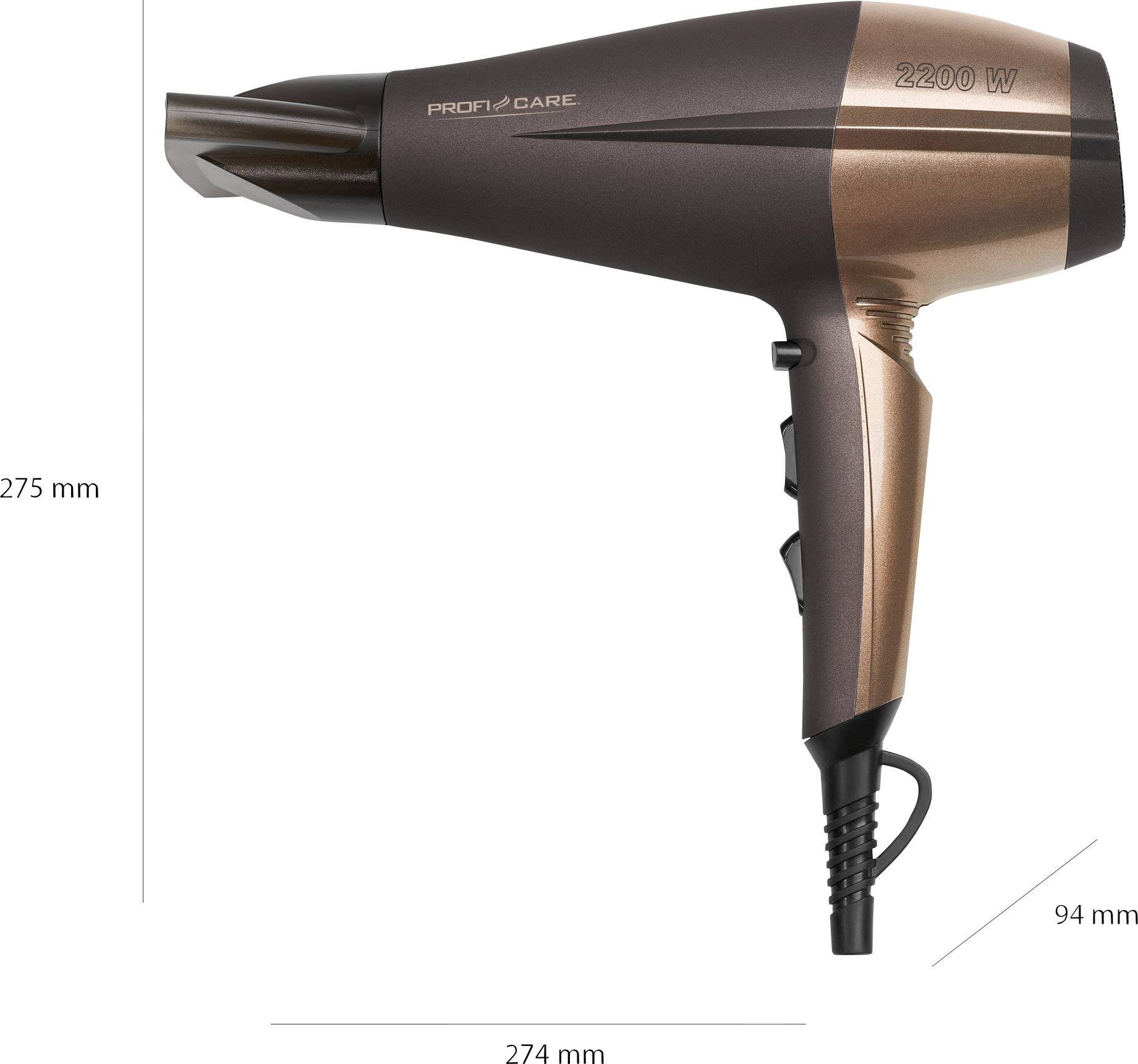 'Bronskleurige haardroger met opschrift 2200 W. Afmetingen: 275 mm hoog, 274 mm breed, 94 mm diep.'