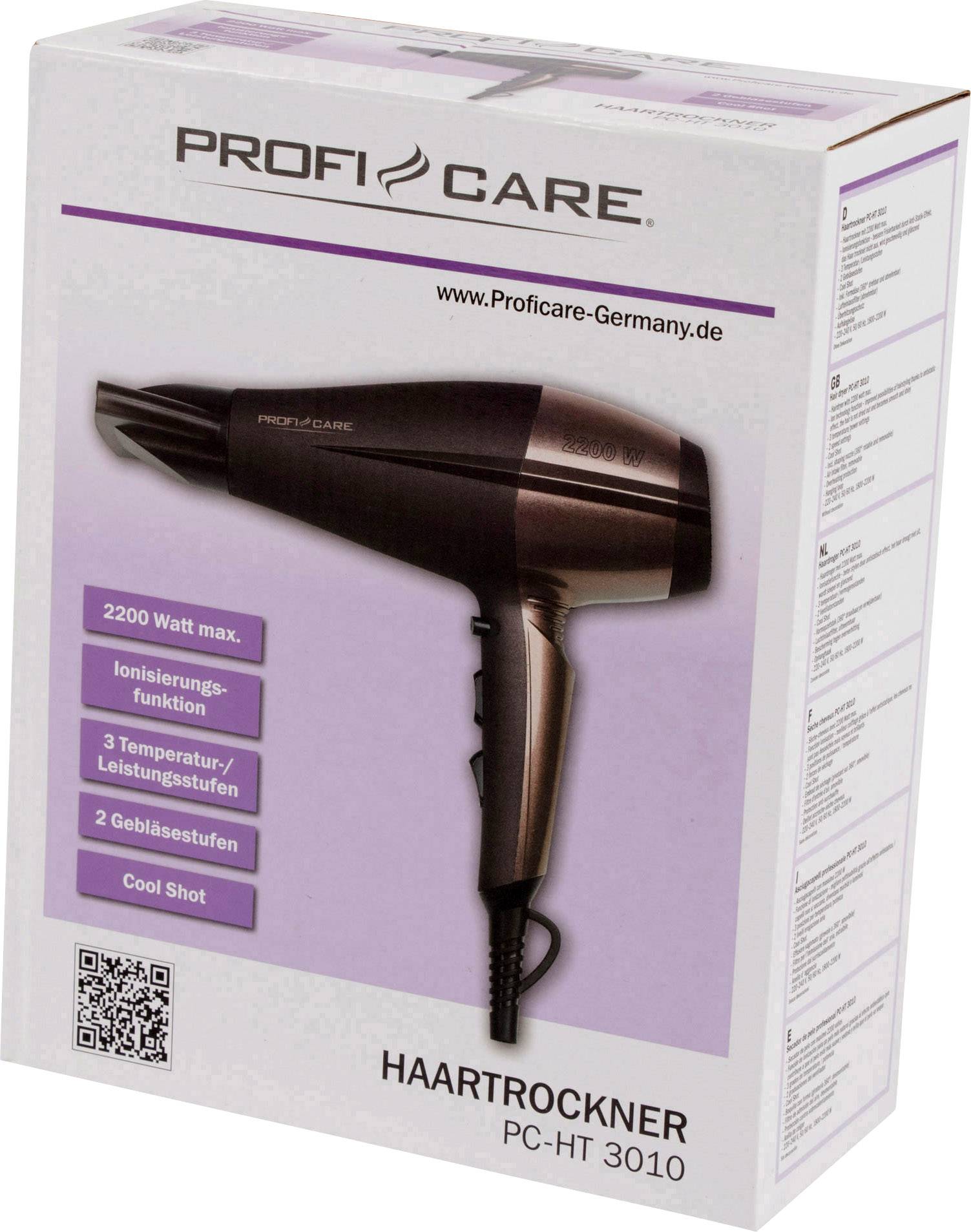 Verpakking van een Profi Care haardroger, model PC-HT 3010, toont 2200 Watt, ionisatiefunctie, 3 temperatuurstanden, Cool Shot.