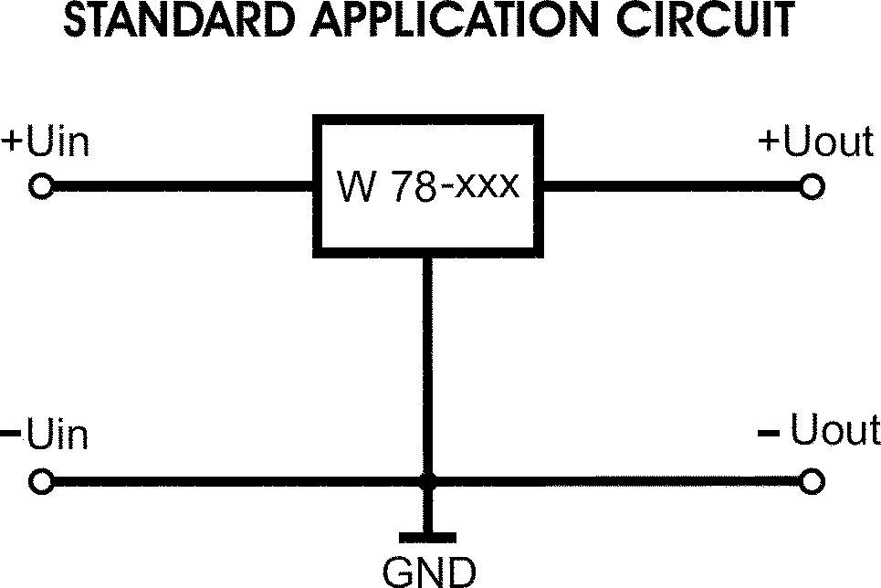 'Standaard Toepassingscircuit': Diagram toont een spanningsregelaar 'W 78-xxx' met ingangsaansluitingen (+Uin, -Uin) en uitgangsaansluitingen (+Uout, -Uout) alsook aarding (GND).