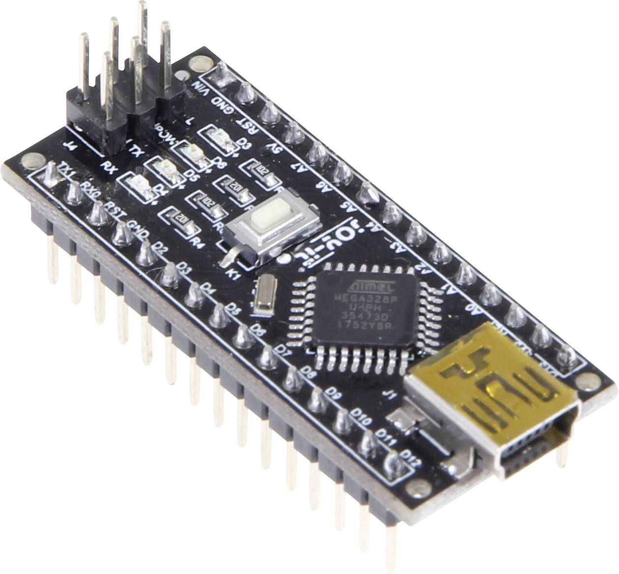 Een zwart microcontroller-bord met USB-aansluiting en pinheaders, geschikt voor elektronica-projecten en programmering.