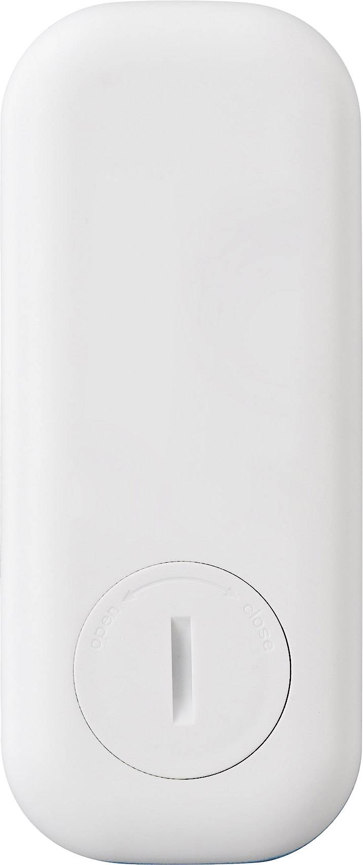 Een witte, rechthoekige plastic container met een sleuf onderaan. Hij wordt gebruikt voor het opbergen van messen.