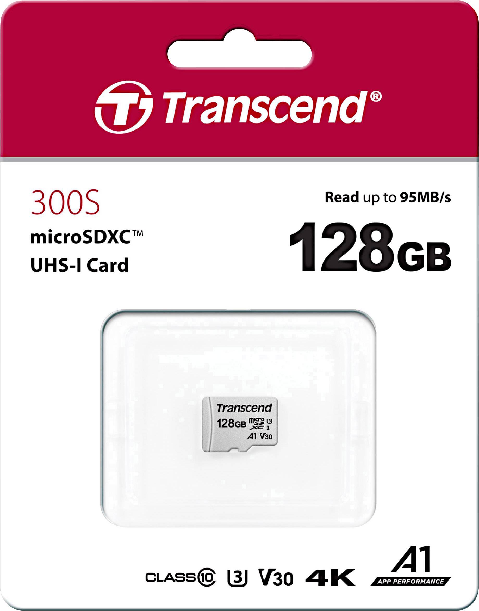 Verpakking van een Transcend 300S microSDXC-kaart met 128 GB opslagcapaciteit, maximale snelheid van 95 MB/s, Class 10, U3, V30, A1.