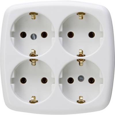 Viervoudige wandcontactdoos in het wit, met vier ronde aansluitpunten voor Schuko-stekkers. Ideaal voor het uitbreiden van aansluitingsmogelijkheden.