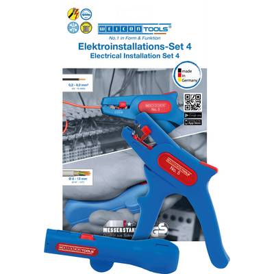 Elektro-installatieset 4 van Weicon Tools: Bevat kabelmes, striptang en kabelstripper. Productdetails en QR-code. Made in Germany.