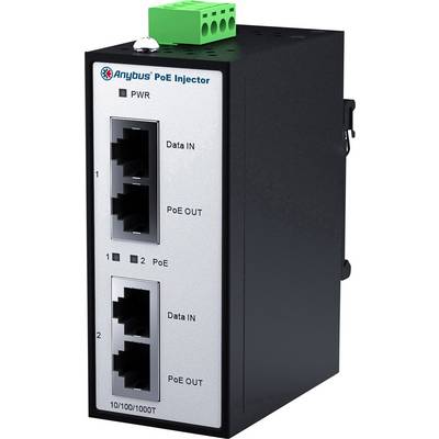 Zwarte PoE-injector met vier aansluitingen aan de voorkant, gekenmerkt als 'Data IN', 'PoE OUT' en '10/100/1000T'. Bovenste groene aansluiting.