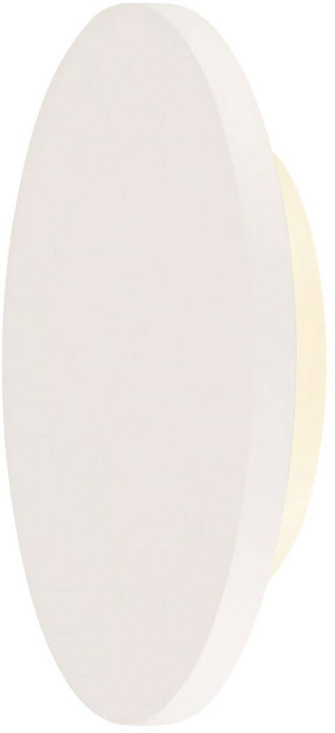 Witte, ovale wandlamp met een eenvoudige, moderne vormgeving. De lamp straalt warm licht uit vanaf de achterkant.