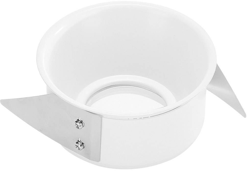 Een witte ronde inbouwlijst met zilveren metalen klemmen voor bevestiging. Geschikt voor plaatsing van plafondverlichting.