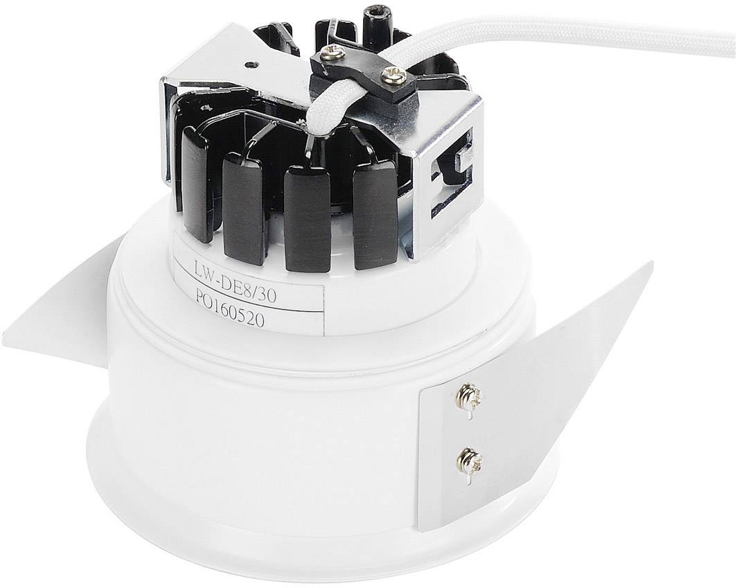 Een wit, cilindrisch inbouw plafondarmaturenhuis met zwarte koelrib en metalen klemmen, geschikt voor LED-verlichting.