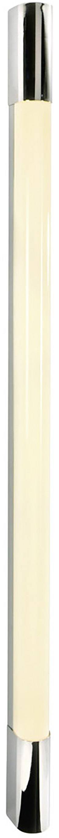 Een slanke, verticale lamp met zilveren eindkappen en een crèmekleurig, verlicht middendeel.