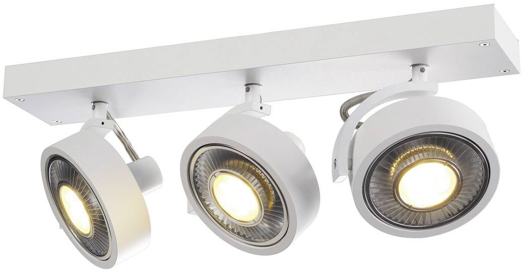 Witte LED-plafondspot met drie verstelbare koppen, die in verschillende hoeken zijn gerangschikt, gemonteerd op een rechthoekige rail.