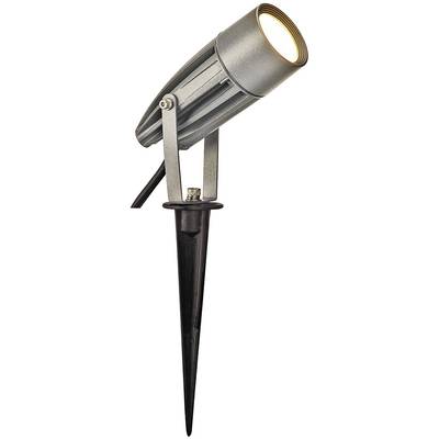 Een grijze tuinspotlight met grondpen, gericht op het verlichten van objecten in de buitenruimte.