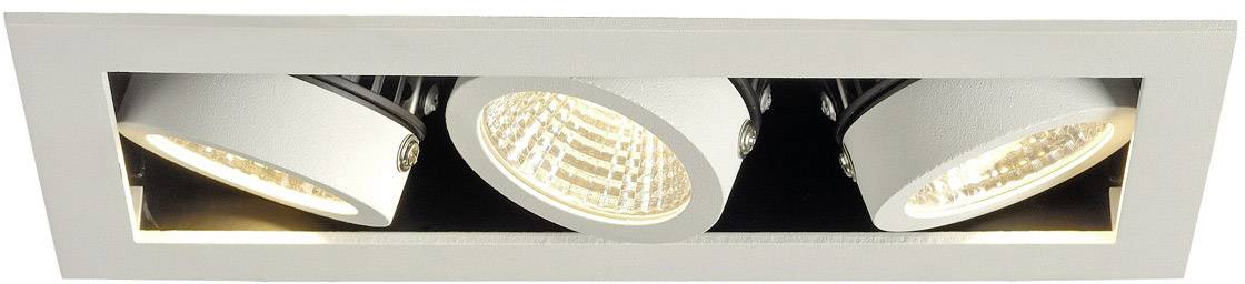 Drie ronde LED-plafondspots in een rechthoekige behuizing, allemaal in verschillende richtingen gericht voor de verlichting van een ruimte.