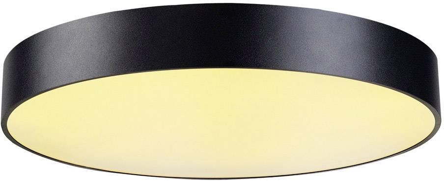 Ronde, zwarte plafondlamp met diffuse, warme verlichting. Ideaal voor moderne leefruimtes.