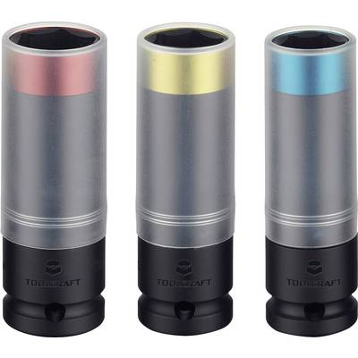 Drie steekmoeren met gekleurde markeringen: rood, geel, blauw. Ontwikkeld voor gebruik met slagschroevendraaiers.