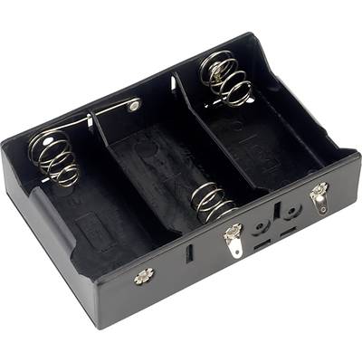 Batterijhouder voor drie AA-batterijen met geïntegreerde veren voor een veilige bevestiging van de batterijen. Zwarte kunststof behuizing.