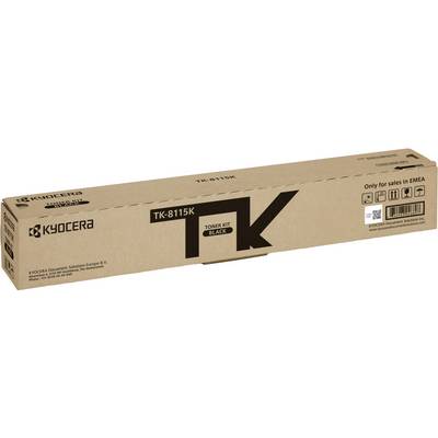 De afbeelding toont een bruine kartonnen verpakking met het opschrift 'Kyocera TK-8115K Toner Kit Zwart'.