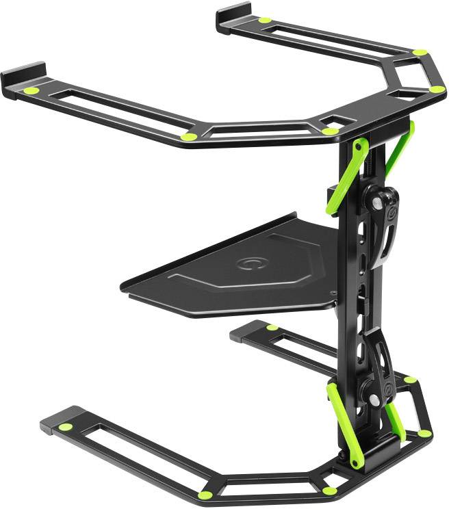 Een verstelbare laptopstandaard van zwart metaal met groene accenten, bestaande uit twee platforms, geschikt voor dj's of muzikanten.