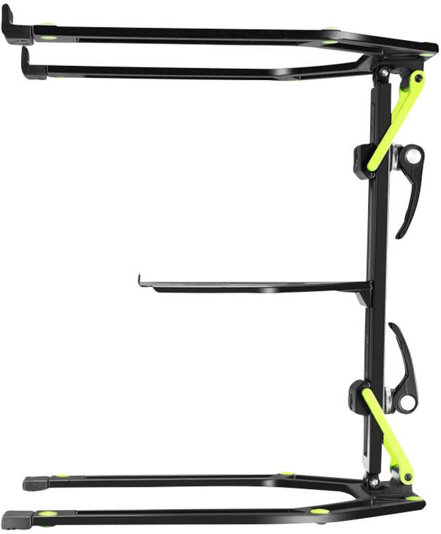 Metalen laptopstandaard met groene accenten gezien in zijaanzicht. In hoogte en hoek verstelbaar.