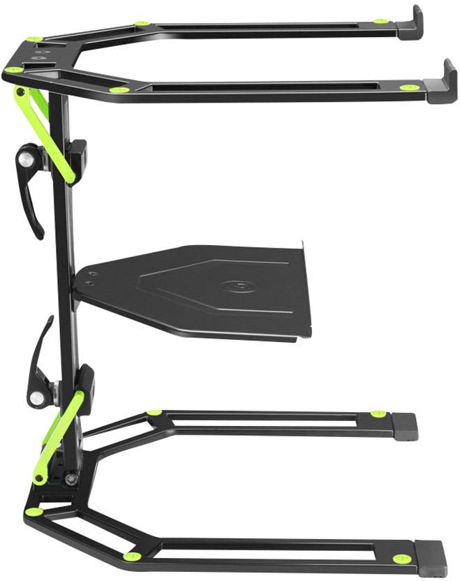 Een laptopstandaard van metaal met zwarte en groene kleurstelling. Hij heeft twee treden die laptops kunnen vasthouden en een verstelbare middenplank.