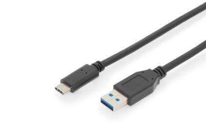 USB-kabel met een USB-C-stekker aan de ene kant en een USB-A-stekker aan de andere kant, geschikt voor gegevensoverdracht.