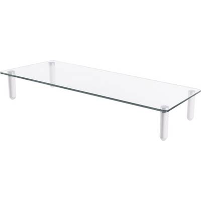 Glazen plaat met afgeronde hoeken en witte poten die dienst doet als tafelblad. Geschikt voor decoratieve of functionele toepassingen.