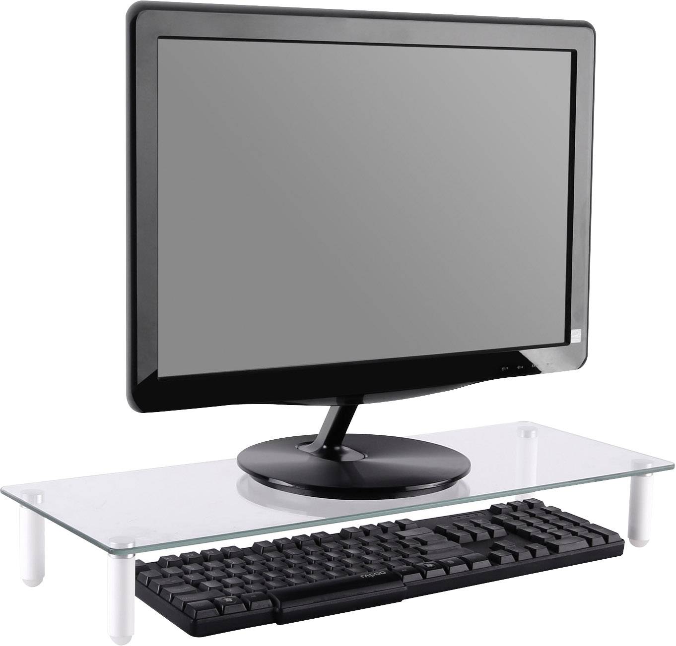 Een zwart computerscherm op een glazen penhouder, met daaronder een toetsenbord. Het scherm is uitgeschakeld.