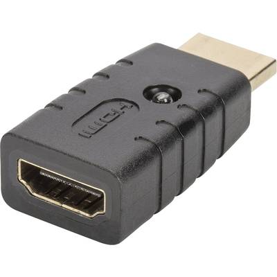Een zwarte HDMI-adapter met een vrouwelijke HDMI-aansluiting aan de voorkant en een mannelijke HDMI-stekker aan de achterkant.