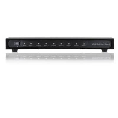Een zwarte HDMI-splitter met acht uitgangen, geschikt voor het gelijktijdig aansluiten van een apparaat op meerdere schermen.