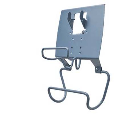Zilveren metalen beugel voor een flatscreen, voorzien van twee haken voor bevestiging en een onderste steun voor kabelopberging.