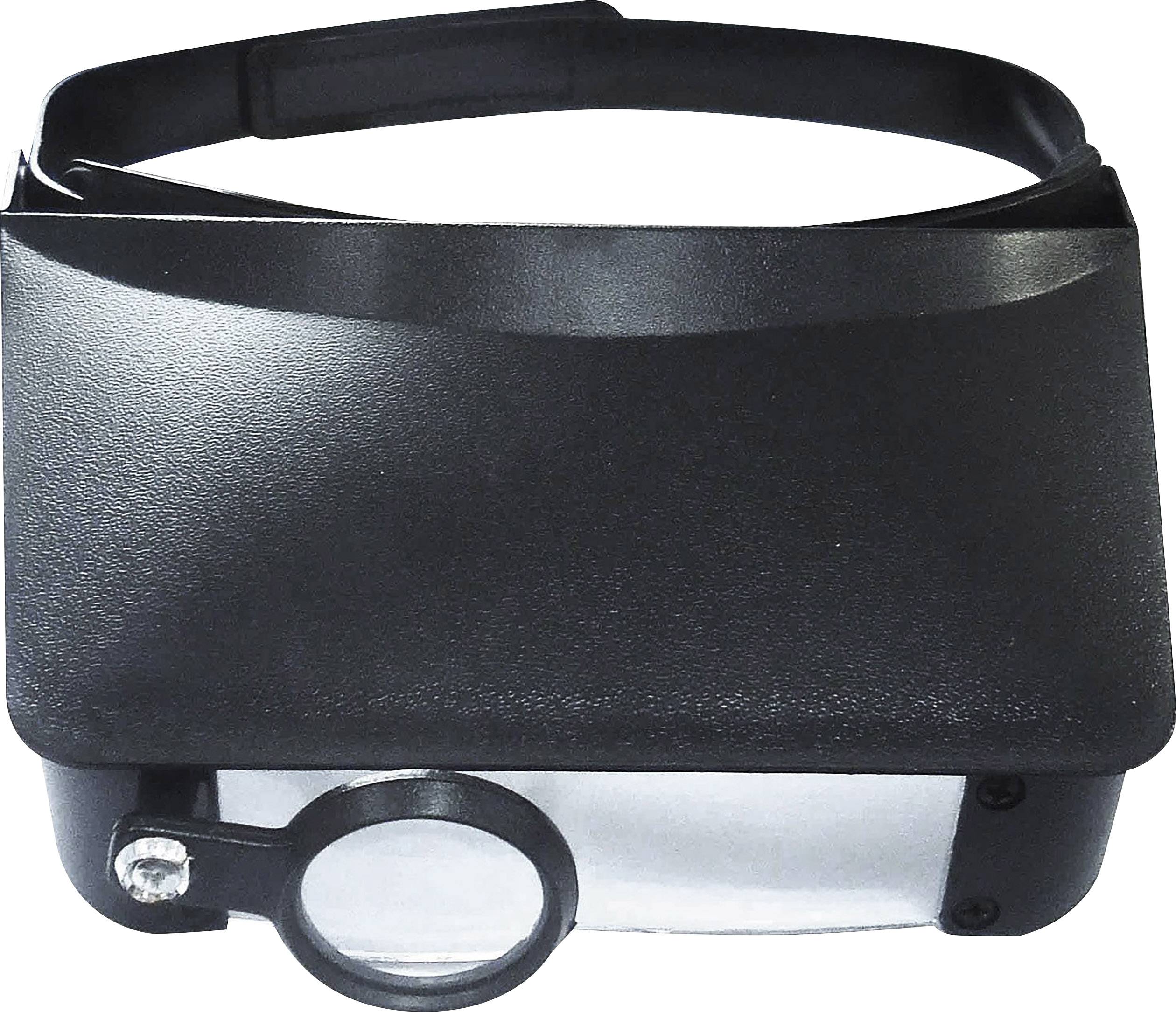 Zwarte hoofdbandloep met geïntegreerd LED-licht en opvouwbare vergrootglas, geschikt voor handsfree gedetailleerd werk.