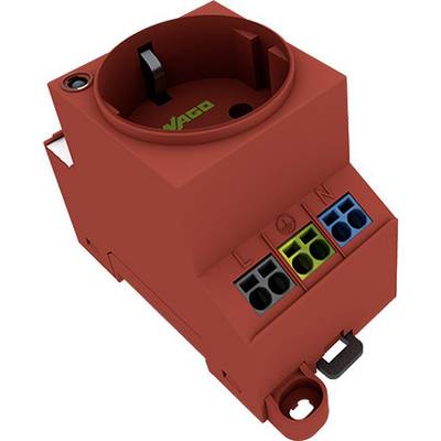 Rode contactdoos met aansluitingen en labels voor fasen, nulgeleider en aarding. Gemarkeerd met 'WAGO'.
