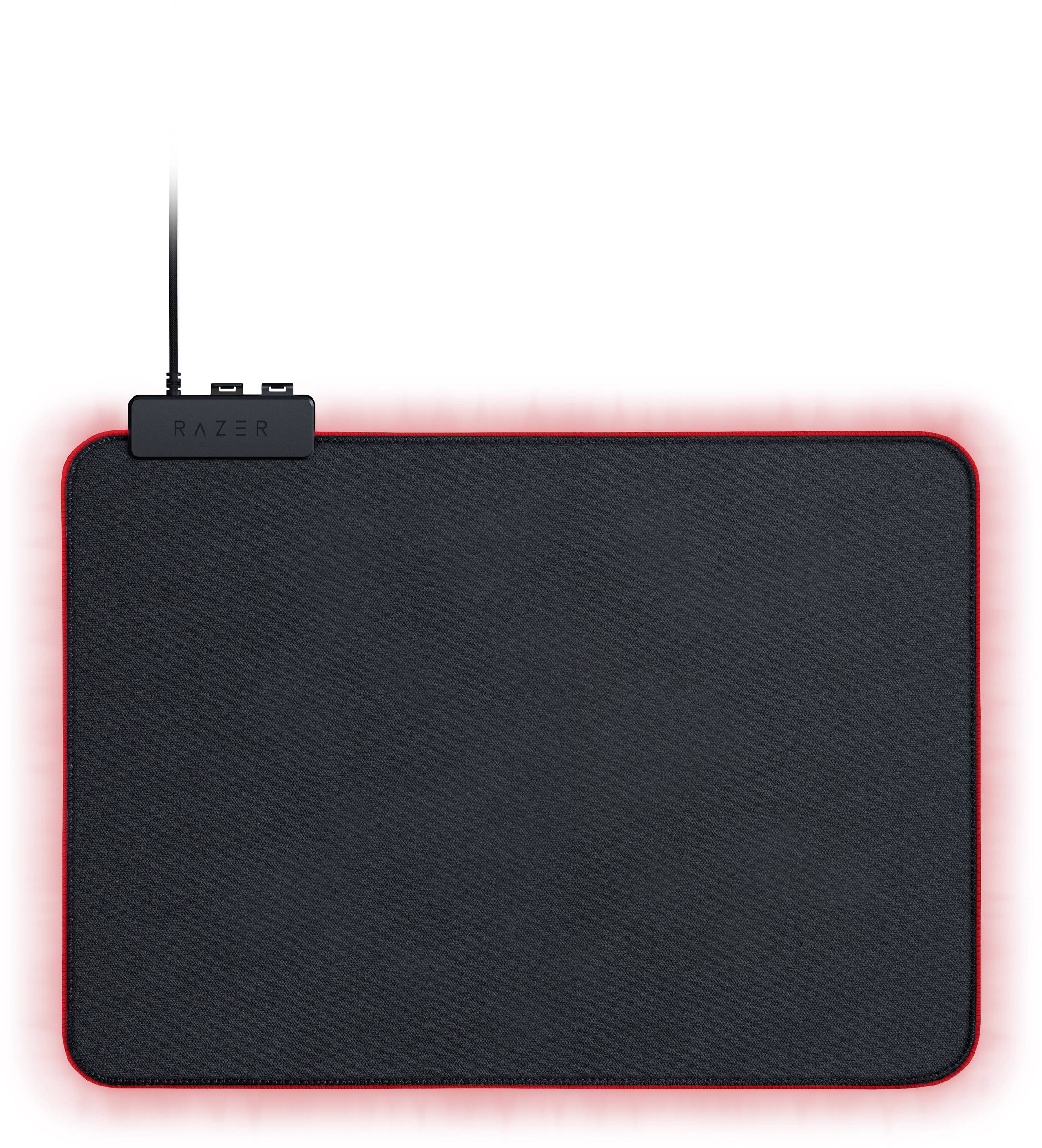 Zwart, rechthoekig muismat met USB-aansluiting, omgeven door rood licht.