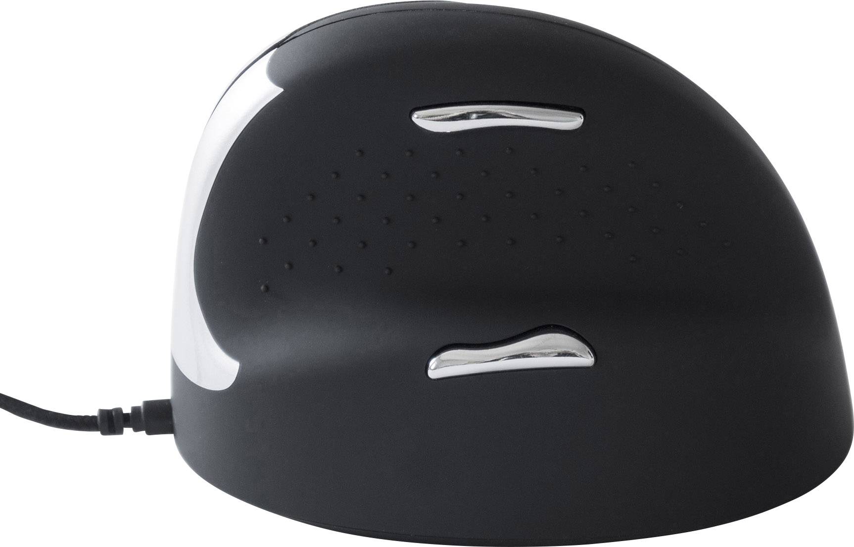 Ergonomische, verticale computermuis met zwarte behuizing en twee zilveren knoppen, aangesloten op een kabel.