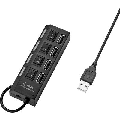 Renkforce USB 2.0-hub 4 poorten Individueel schakelbaar, Met status-LED's Zwart