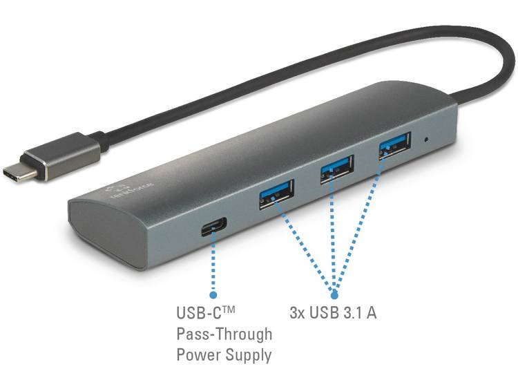Renkforce 3+1 poorten USB 3.1-Hub met Pass-Through stroomaansluiting, met aluminium behuizing Zilver