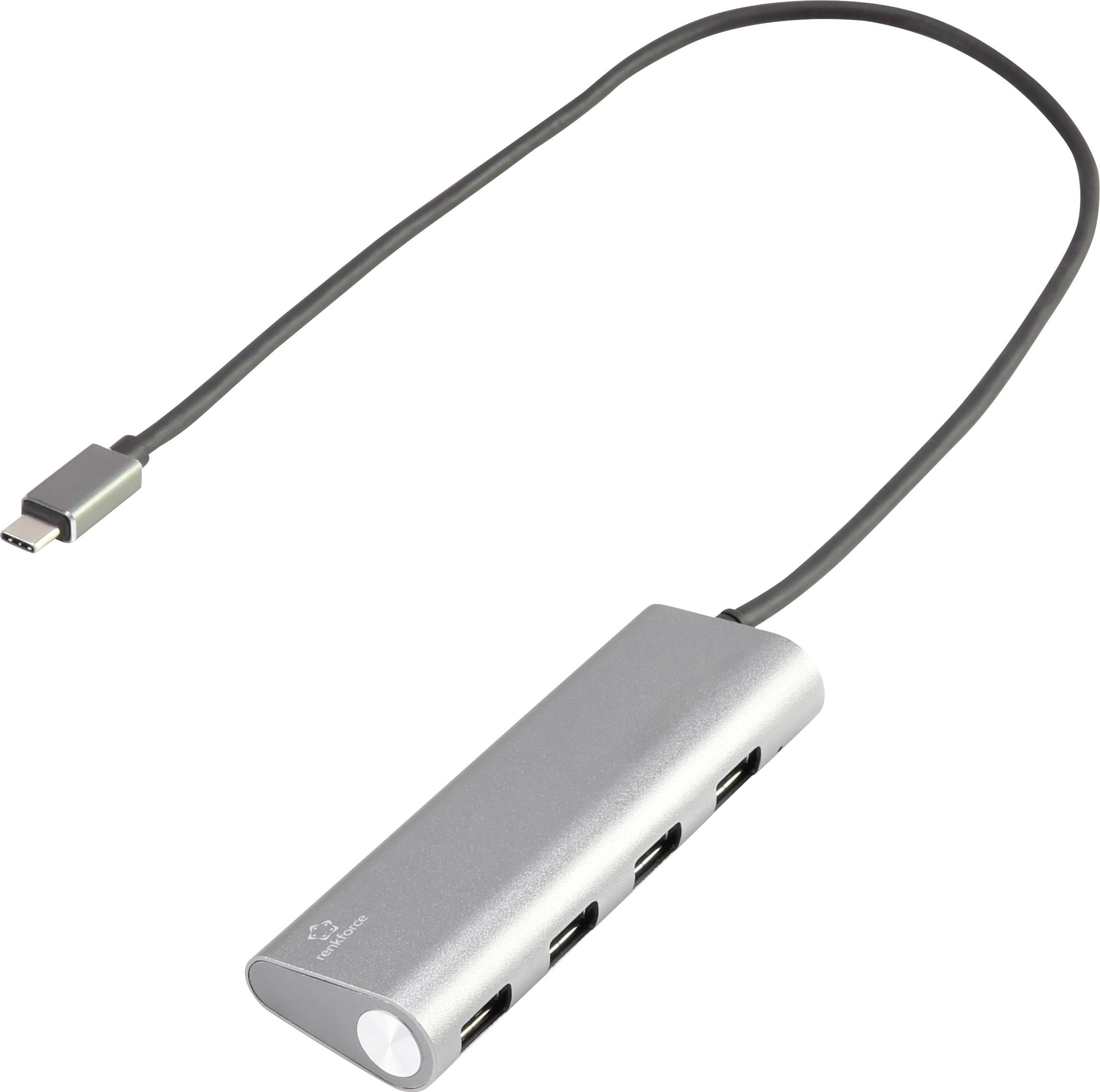 USB-C Hub met vijf USB-poorten, zilveren behuizing en lang kabel. Ideaal voor het uitbreiden van aansluitingsmogelijkheden.